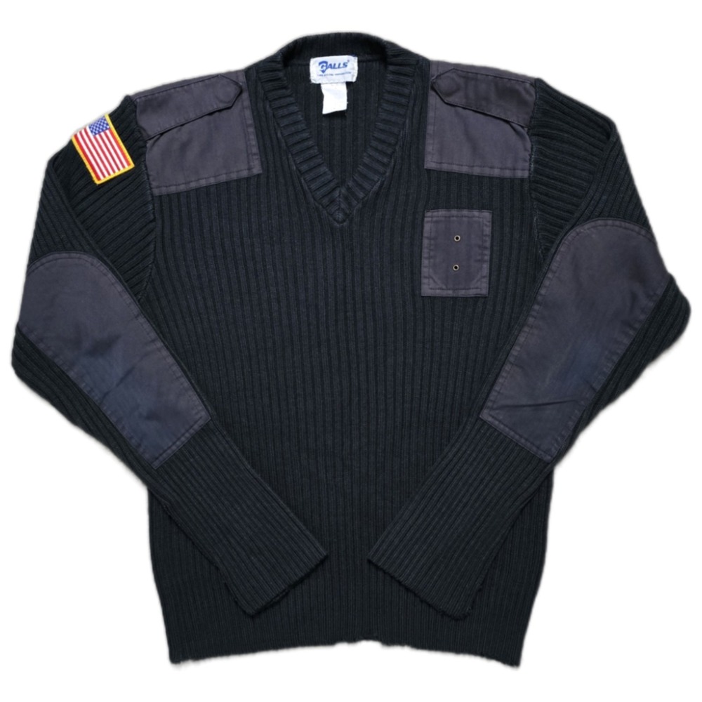 VTG Commando Sweater Mens XL Black Heavyweight Ribbed Crewneck Elbow Patch